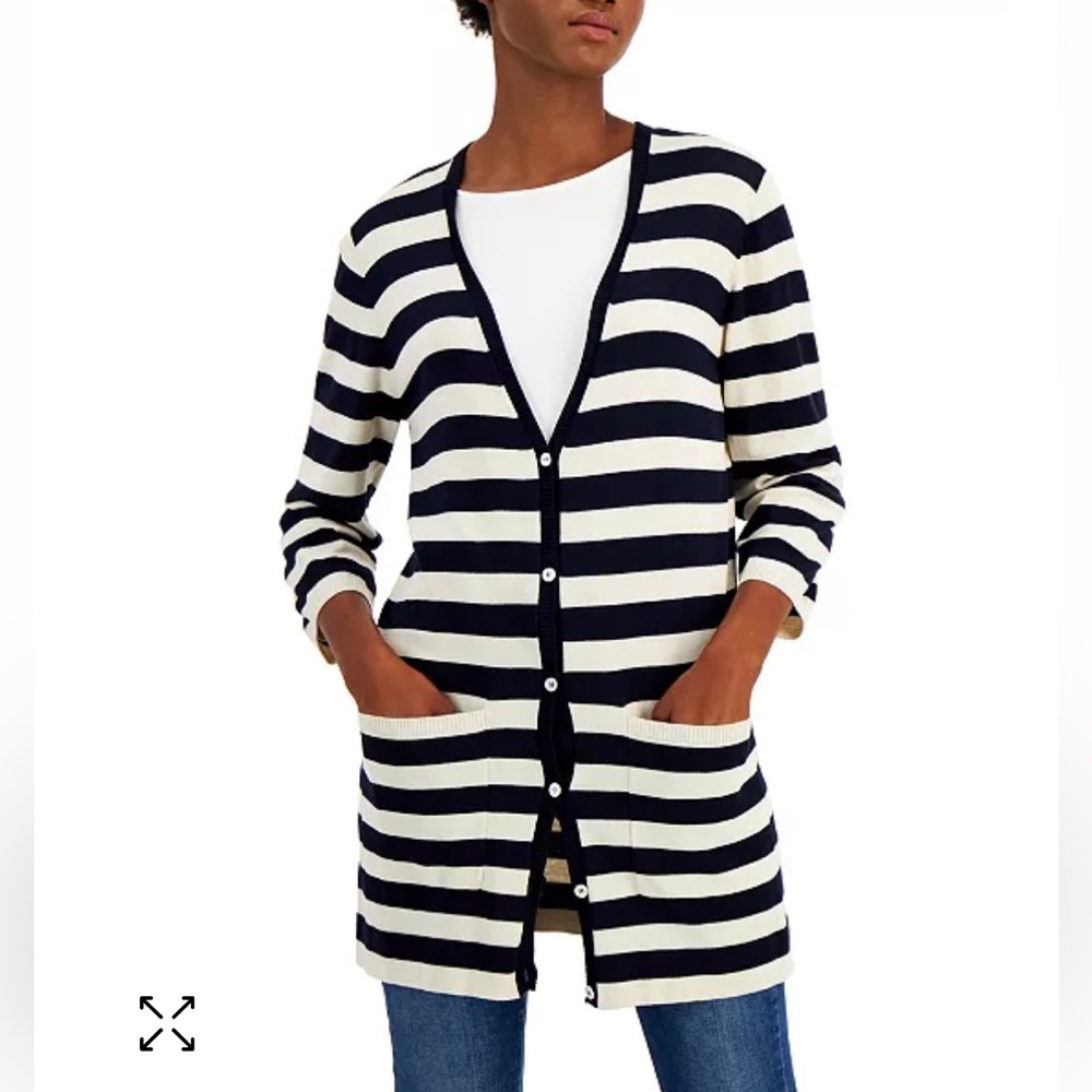 WEEKEND MAX MARA Fiordi Striped Cardigan Size S Navy Blue Cream 3/4 Sleeve NWT
